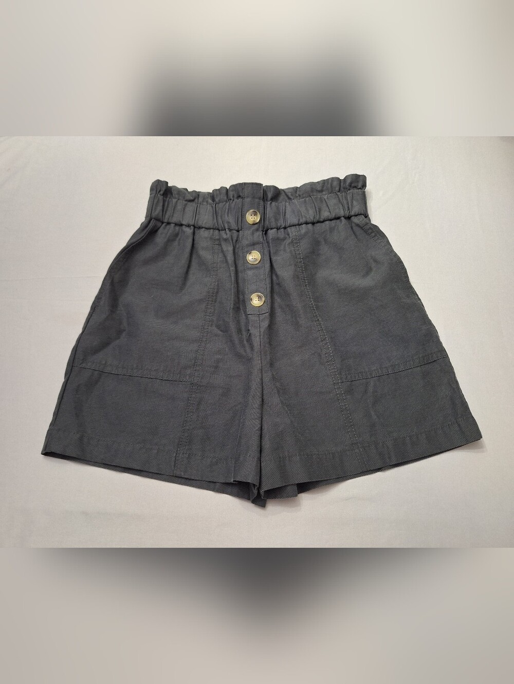Zara High-Waist Button-Front Paperbag Shorts — Charcoal Gray